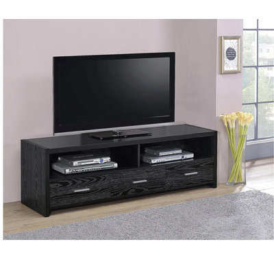 Meuble télé en bois d'ingénierie en chêne noir, 3 tiroirs, grain subtil, support de tiroir en chêne performance durable, beaucoup de rangement, espace de vie Natural Elegance