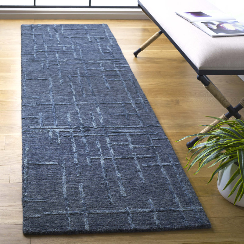 Tapis bleu marine en laine touffeté à la main Ephrona, Tapis de couloir 2 pi 3 po x 8 pi