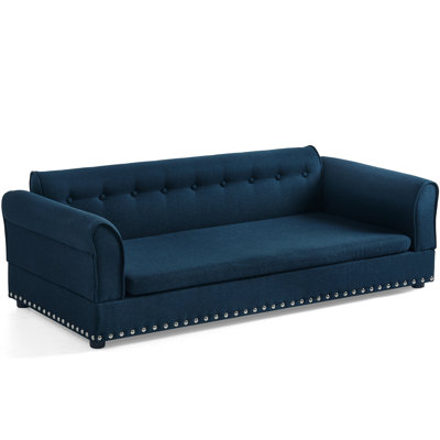 Comfortable Pet In Dark Blue Linen, Oversized Rectangular Bed With And Armrest, Short Legs For Easy Movement Stability Comfort