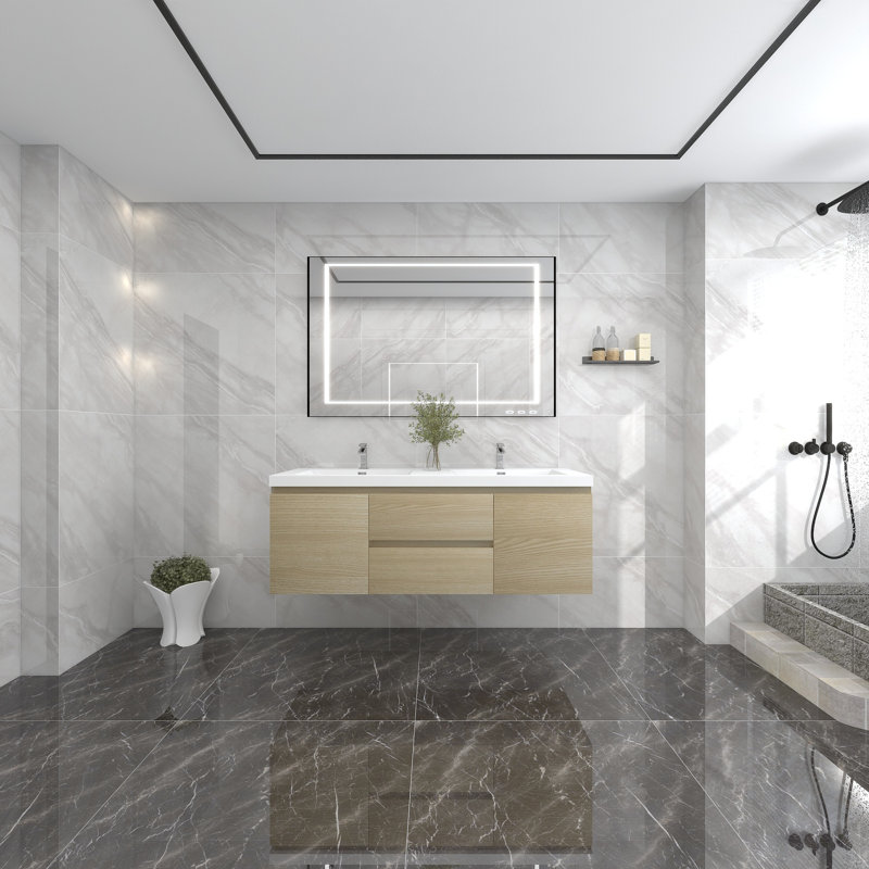 Ensemble de meuble-lavabo mural double l 60 po Auvimar, Chêne blanc