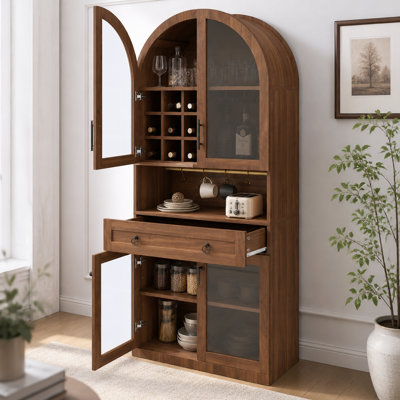 70 " Tall Arched Bar Cabinet , Mid-Century Coffee Bar Cabinet with an Adjustable Shelf & 5 Hooks, 9 Wine Racks, 3 Glass Holder,Tempered Glass Doors