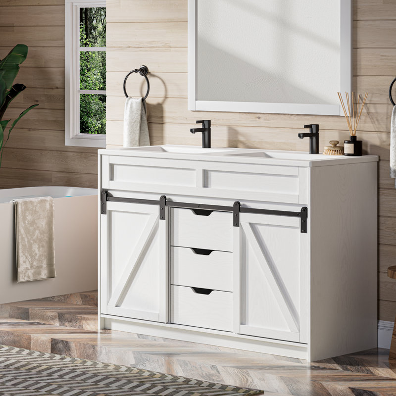 48" Farmhouse Double Sink Bathroom Vanity With Barn Door & Storage Drawers, White