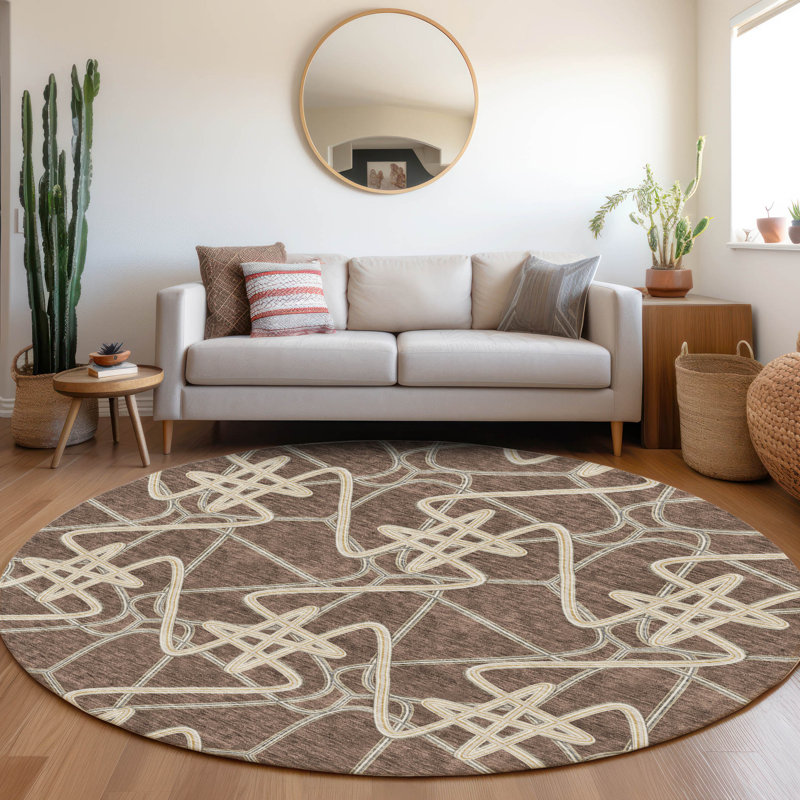 Tapis brun Prisco lavable à la machine de qualité supérieure, Rond 8 pi