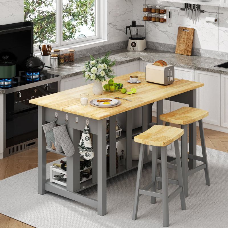 47.3" Solid Rubberwood Kitchen Island with Power Outlets - Extra Large Work Surface, 2 Drawers & Open Shelves Storage Cabinet for Kitchen Dining Room, Farmhouse Style