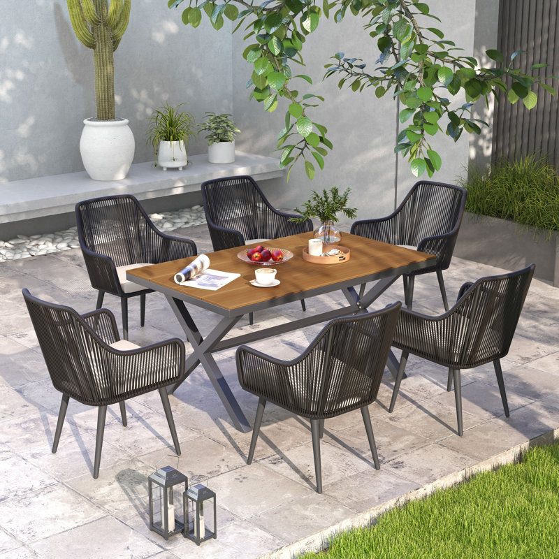 Ensemble repas d'extérieur rectangulaire avec coussins 6 personnes Sikata, Structure noir / coussin gris clair