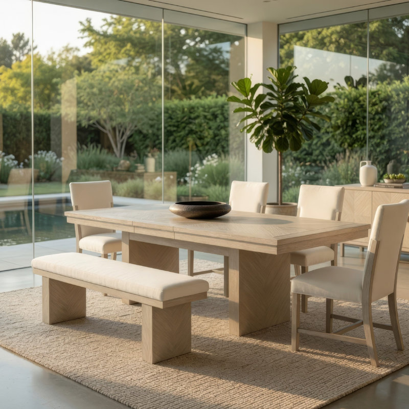 Ensemble de salle à manger 7 pièces Hagy, table extensible, 6 chaises blanches, beige naturel