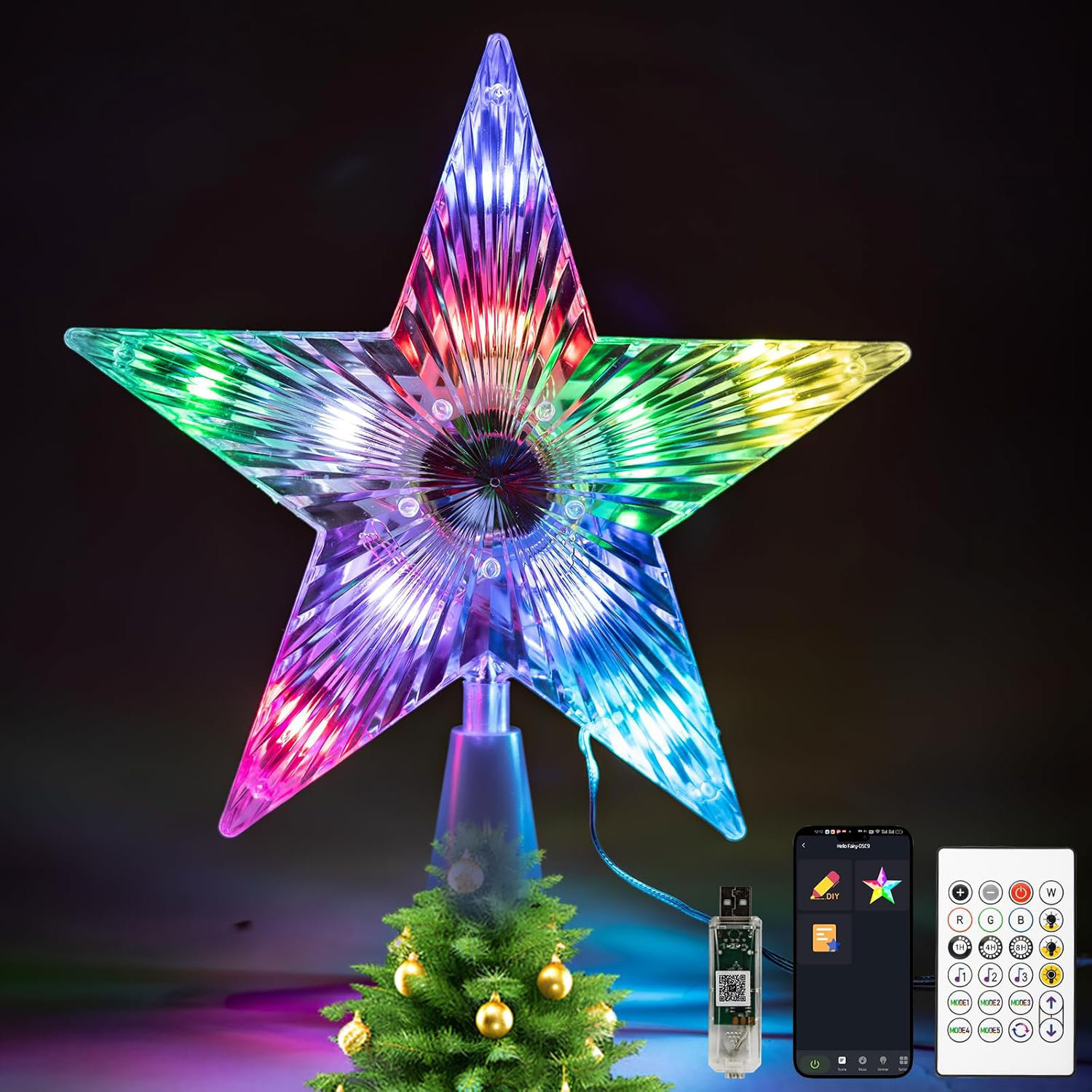 BONLOD Christmas Tree Topper Smart Star 7.6'' 10Leds Static Dynamic ...