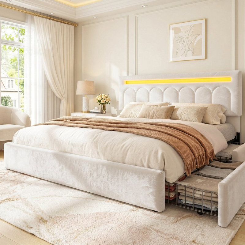Structure de lit tapissier avec lumière DEL, lit de rangement avec 4 tiroirs, King, Beige