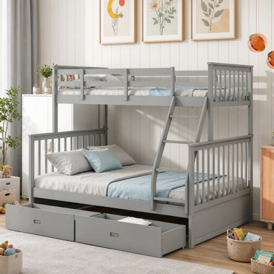 Solid Wood Bunk Bed with Storage Stairway and Trundle, Kids Bunk Frame with 2 Drawers and Guardrails for Boys Girls, Twin over Full Size, Grey[Drawers]
