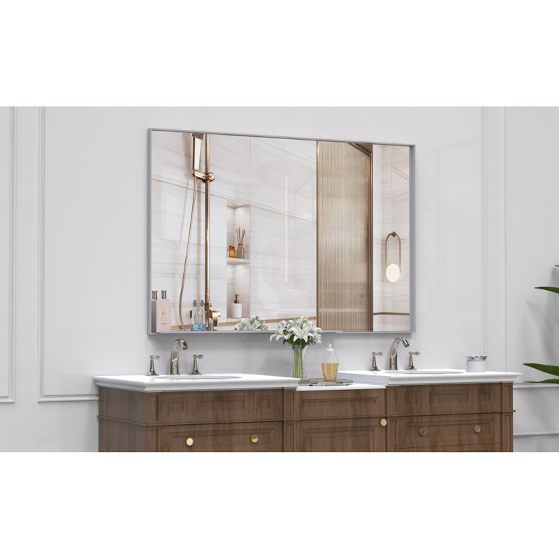 48"x32" Oversized Modern Rectangle Bathroom Mirror with Frame, Silver