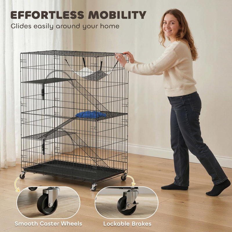 Cage à 4 niveaux pour chat, grand enclos pour chat en métal avec roues