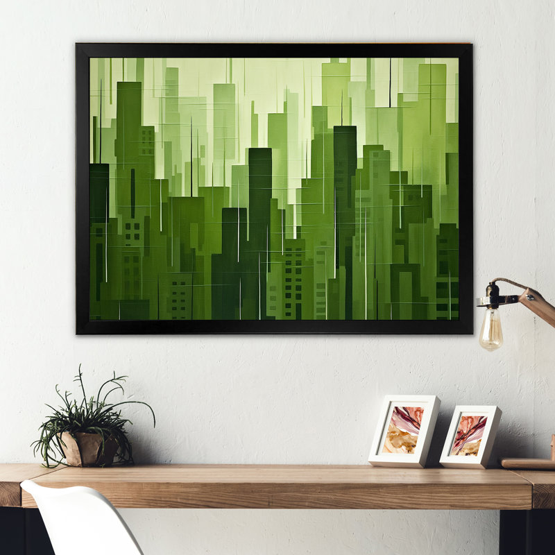 «Fern Facades Skyscraper Horizon», reproduction sur toile, Cadre flottant doré, H 16 po x l 32 po