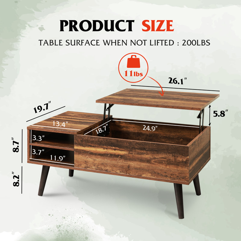 Aravis Lift Top Coffee Table with Storage for Living Room,With adjustable Shelf, Wood, Oak
