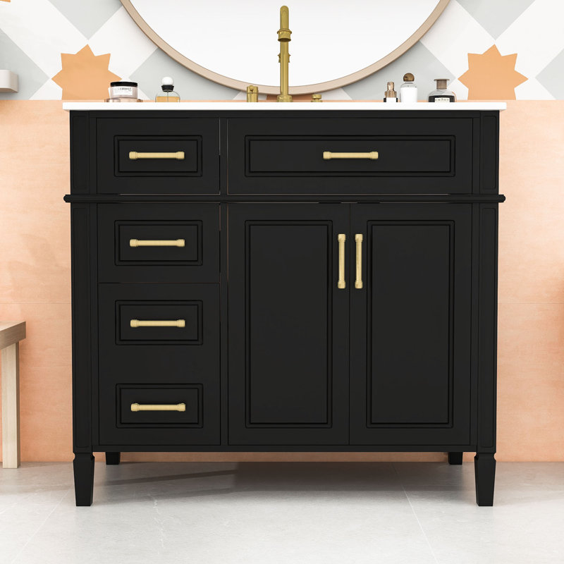 Meuble-lavabo 4 tiroirs avec tablette réglable et lavabo en céramique, Noir