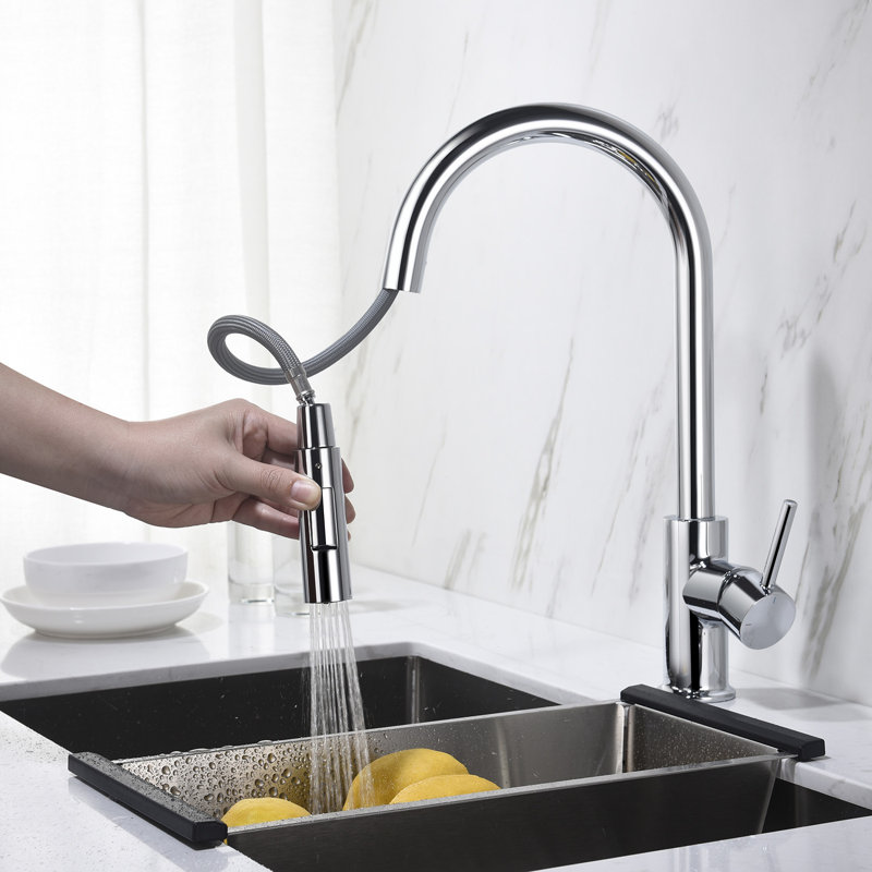 Blossom Chrome Finish Solid Brass Pull-Down Kitchen Sink Faucet – High Arc Swivel Spout with Magnetic Docking and Single Handle Design