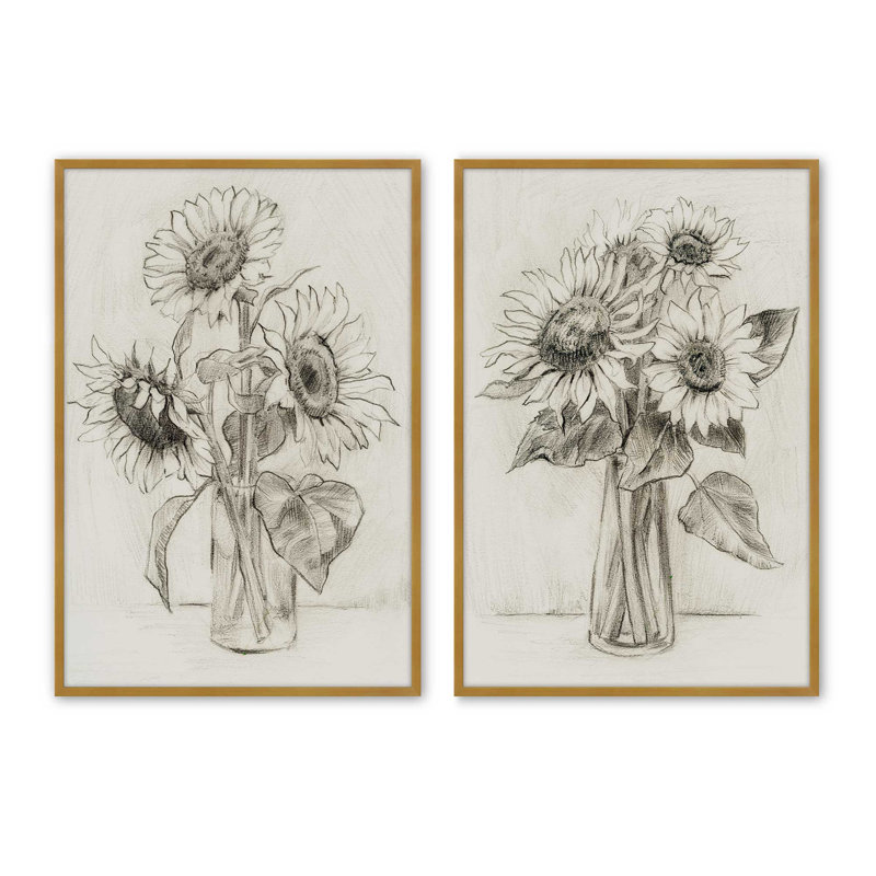 «Happy Sunflower Sketches», ensemble de 2 impressions, 36 po x 24 po, Impression encadrée, Polished Gold