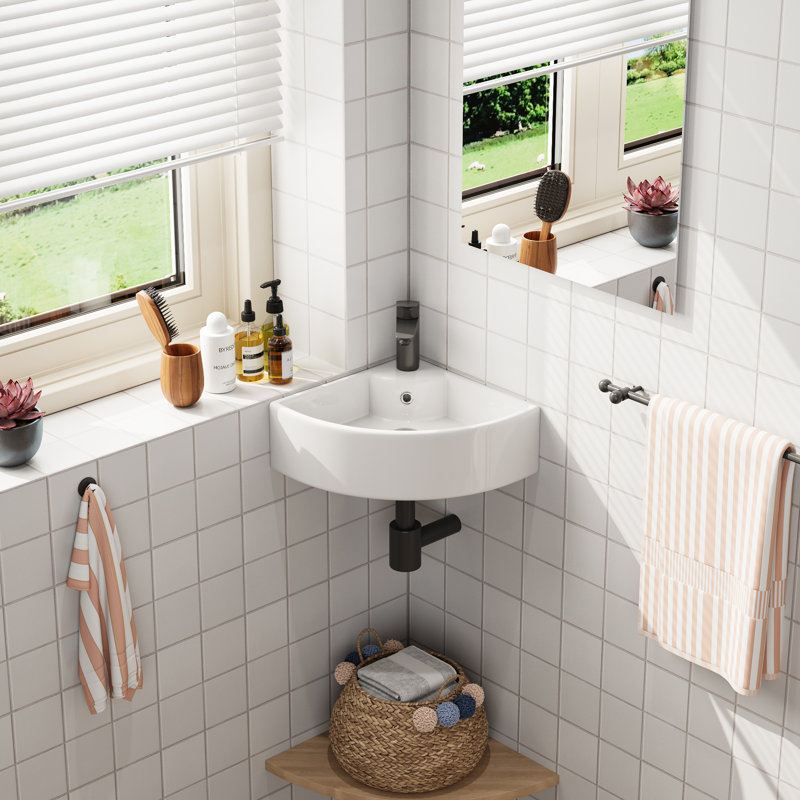 White Ceramic Corner Basin 46 x 33 cm Space Saving Bathroom Sink
