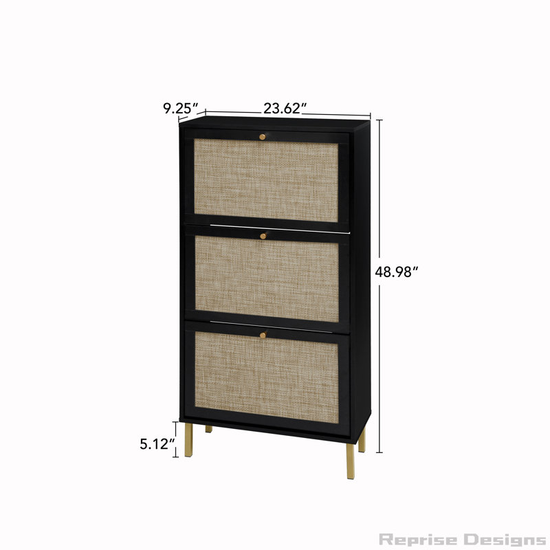 Armoire de rangement pour chaussures autoportante en rotin 3 portes, Noir, noir, noir, noir