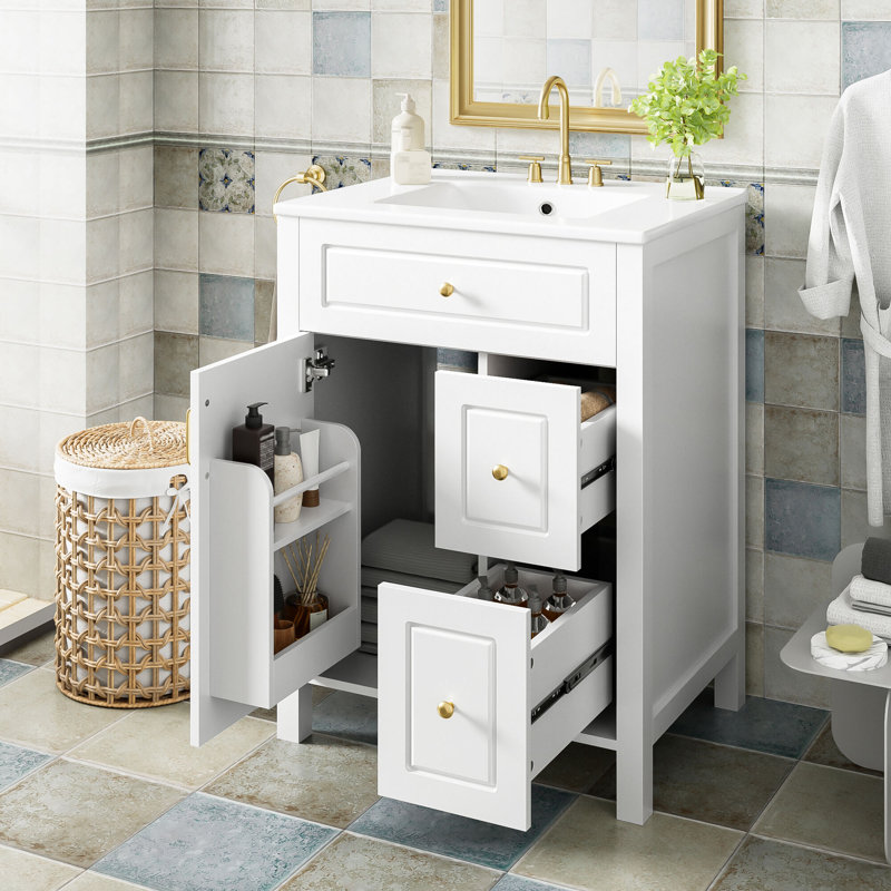 24-Inch Bathroom Vanity With Ceramic Sink, 1 Soft Close Door, 2 Soft Close Drawers, And Double Storage Racks On The Door