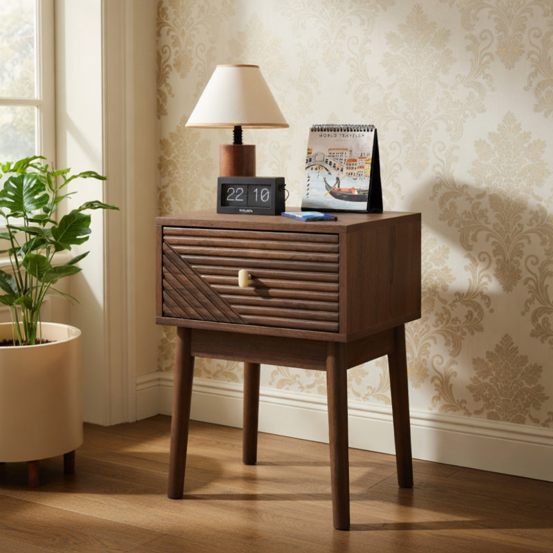 Ensemble de table de chevet en noyer de style médiéval-moderne avec poignées en métal, ensemble de 2 pièces de 15,75 po x 15,75 po x 21,65 po