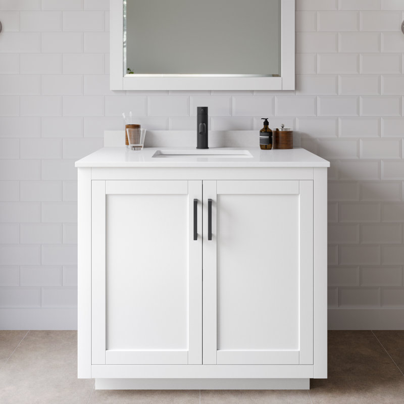 Miranda 36" Freestanding Single Bathroom Vanity with Cultured Marble Top, White Cultured Marble, Matte Black, White