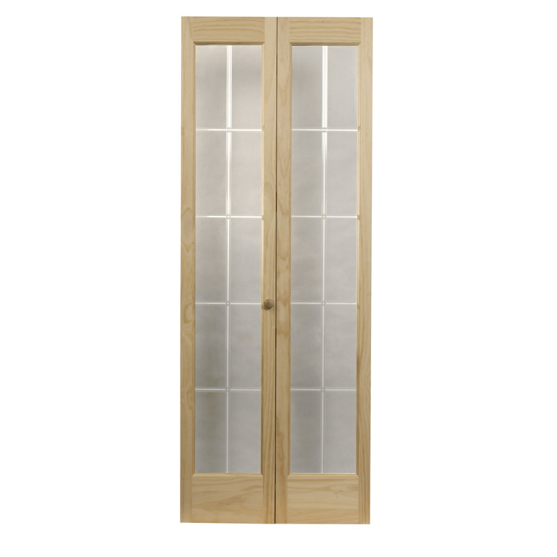 Unfinished Pine Full Glass Bifold Door with Brass Hinges