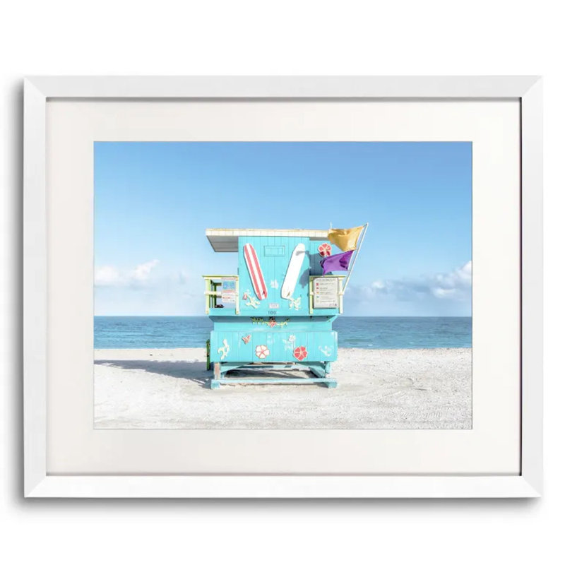 Miami Lifeguard Chair - Chair 100 Print by Richard Silver, 18" H x 22" W x 1.25" D, White, White Single Picture Framed Paper