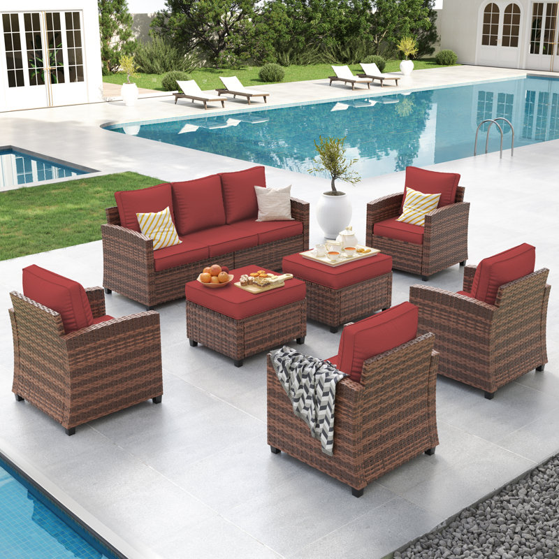7-Person Outdoor Seating Group With Cushion, Red, Brown