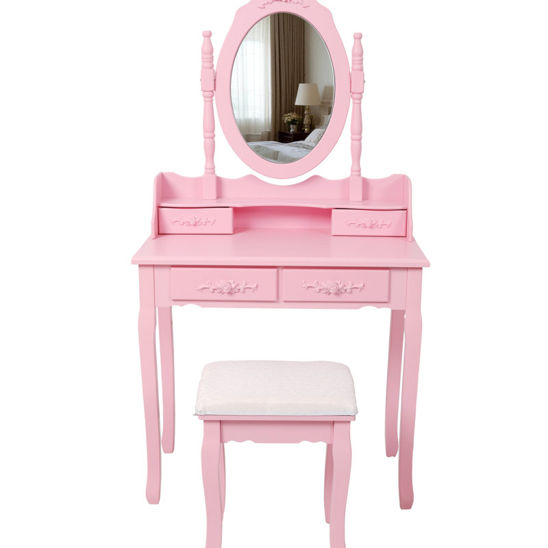 Meuble-lavabo rose avec 4 tiroirs, miroir ajustable à 360 ° et tabouret polyvalent pour l'organisation de la chambre à coucher