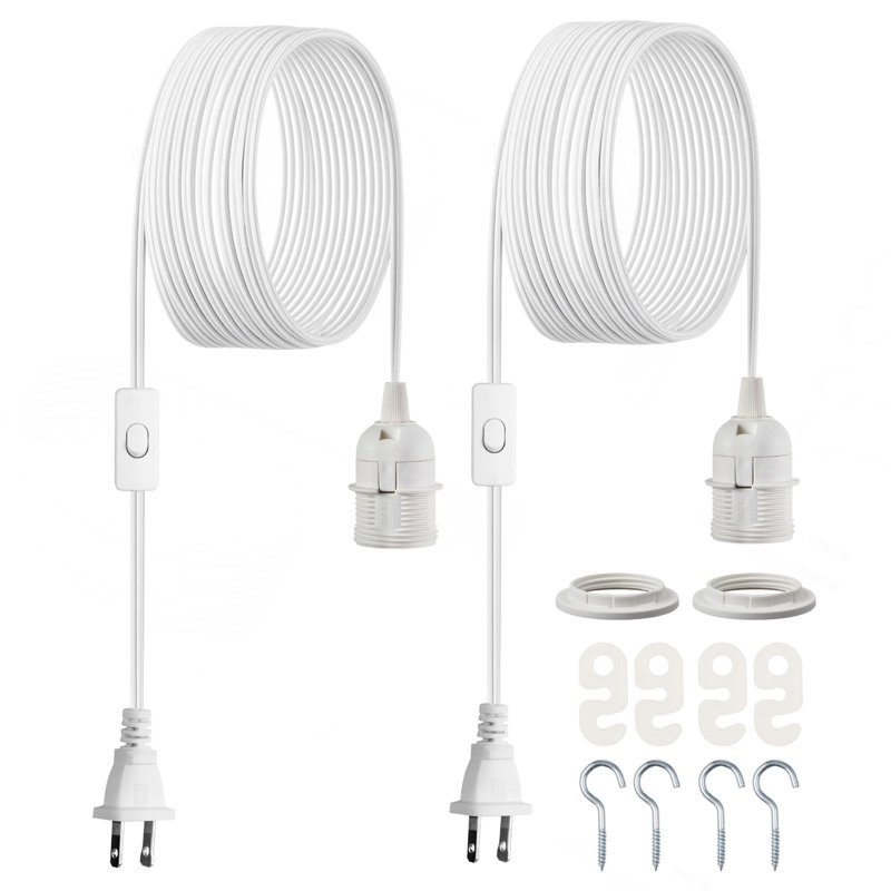 Ensemble de cordon de luminaire suspendu à brancher, rallonges de lanterne de 16 pi, 2 cordons de rechange pour cordon de lampe E26, sécuritaire et robuste, facile à installer, interrupteur marche / arrêt et anneaux de douille