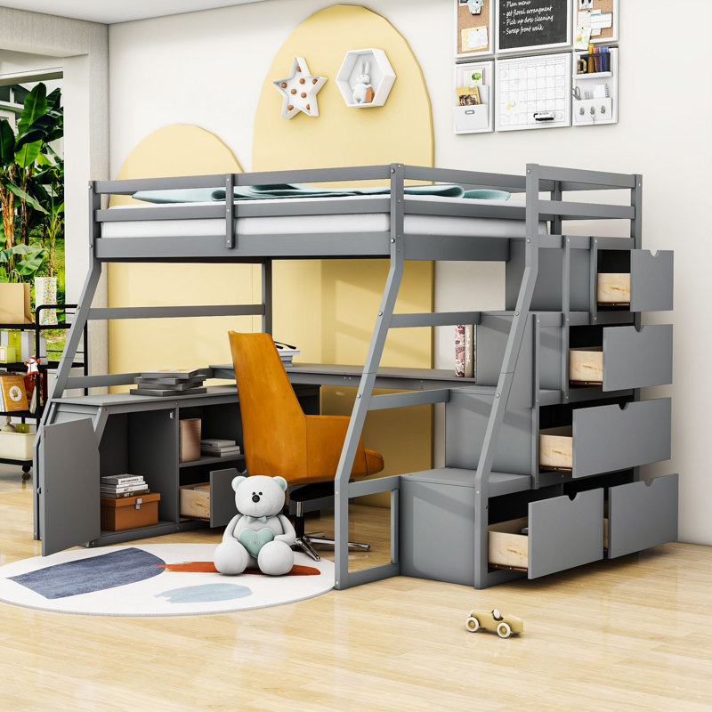 Lit mezzanine 7 tiroirs avec tablettes et bureau, Gris