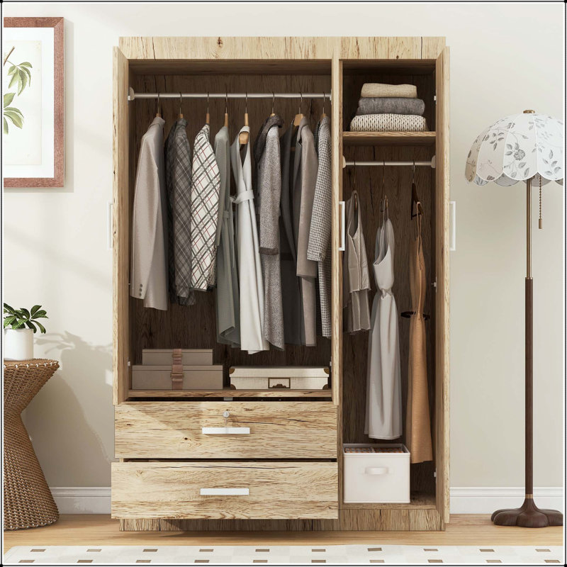 Armoire de rangement à 3 portes avec 2 tiges de suspension et tiroir verrouillable