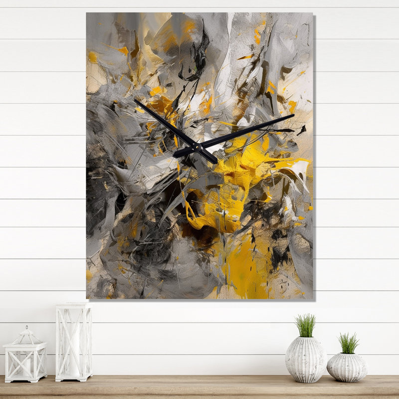 Horloge murale jaune moutarde et gris vif III, H 28 po x l 12 po x P 1 po