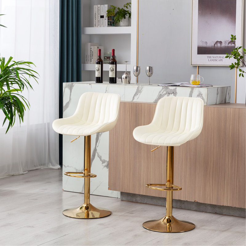 Chrome Footrest And Base Swivel Height Adjustable Mechanical Lifting Velvet + Leg Simple Bar Stool,Set Of 2, Gold, Ivory