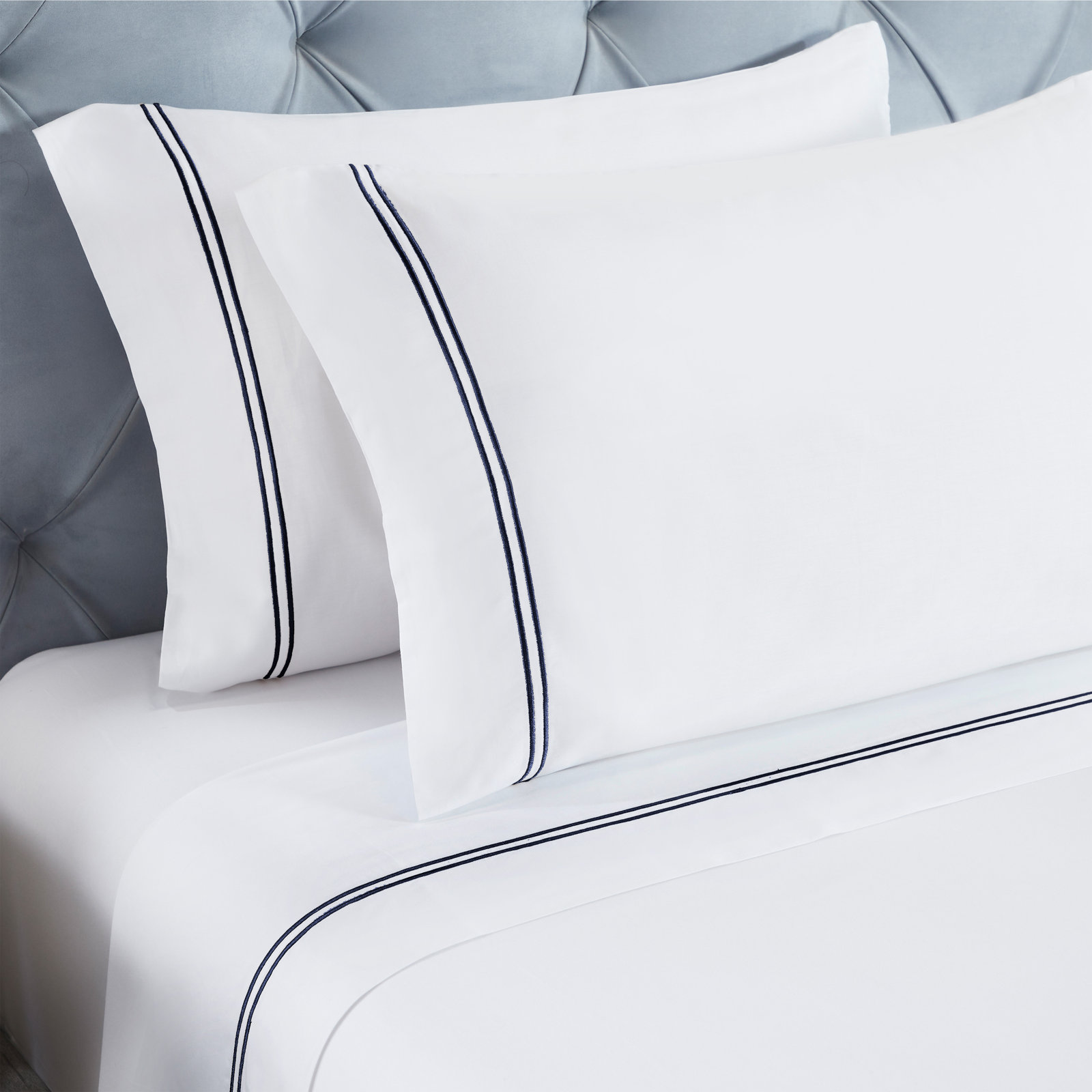 Two-Line Embroidered Cotton Sheet Set, Full Sheet Set with 2 Pillowcases, White/Navy Blue