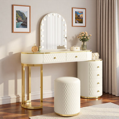 Meuble-lavabo moderne avec miroir à DEL 3 couleurs, tabouret, armoire latérale mobile et 6 tiroirs en cuir PU