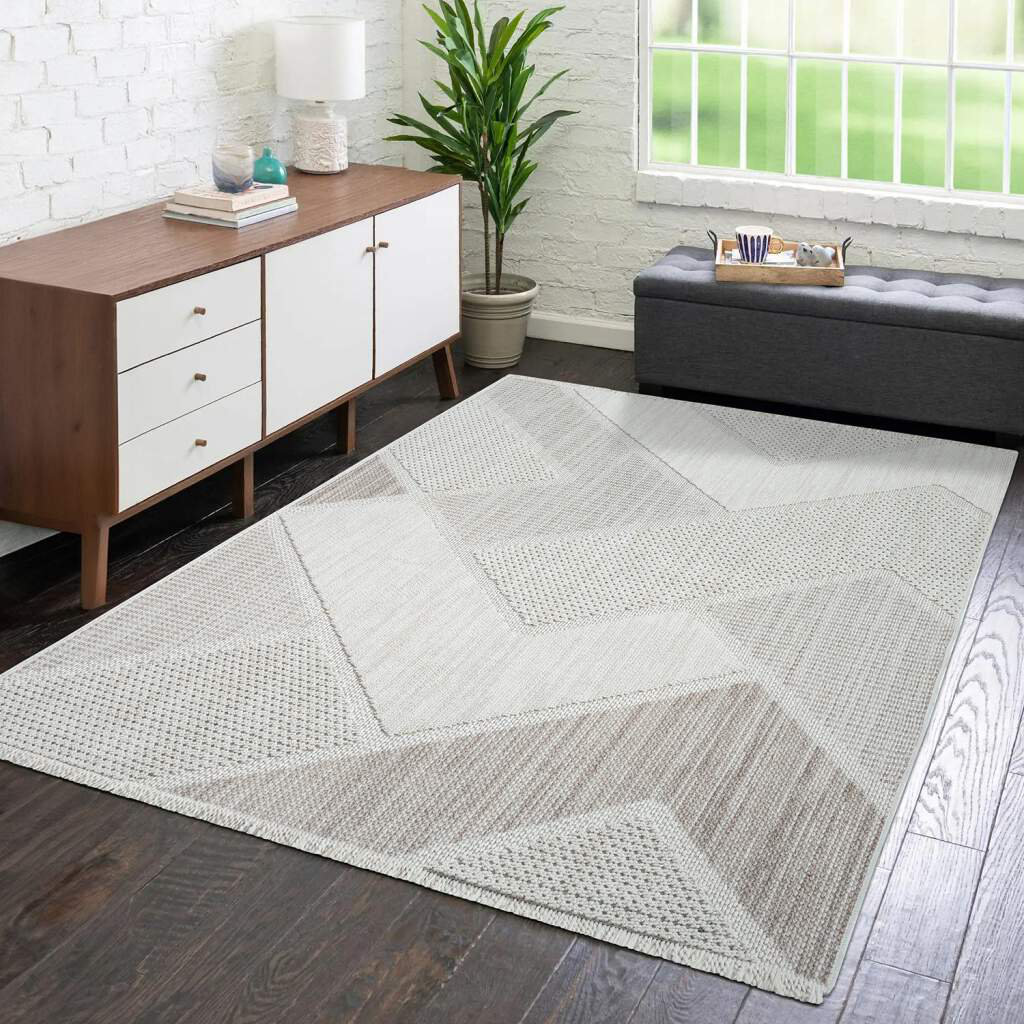 Teppich Lindo 8877 Kurzflor 3D-Optik Fransen Grün Geo-Muster Boho-Stil Wohnzimmer Britane