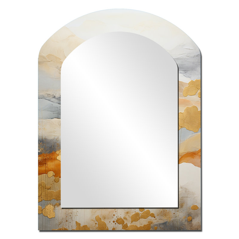 Beige And Gold Minimal Expression II - Abstract Shapes Arch Decorative Mirror, Modern Asymmetrical Wall Mirror, Printed Metal Art