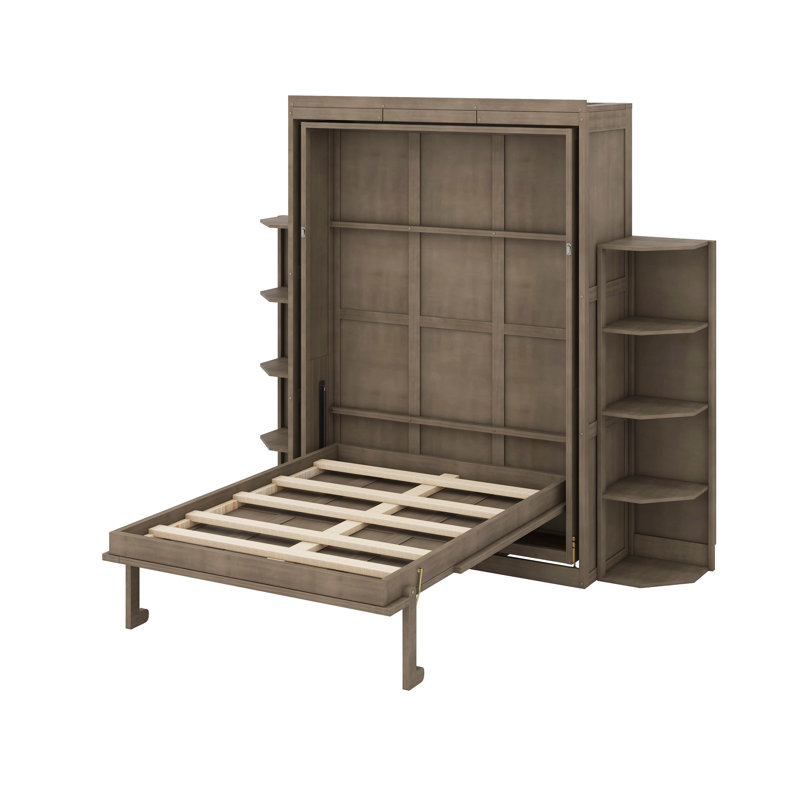 Grand lit escamotable avec bureau convertible, 2 tablettes latérales à 3 niveaux et supports de rangement supplémentaires, armoire murale pivotante en bois