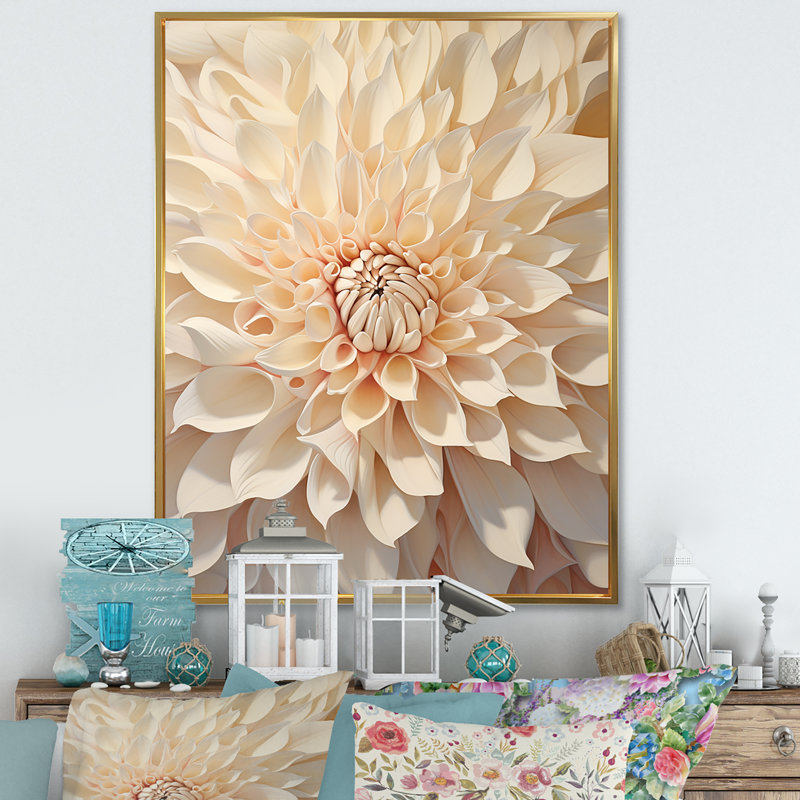 Minimalisme dahlia beige sur toile, H 40 po x l 30 po x P 1,5 po, Cadre flottant doré