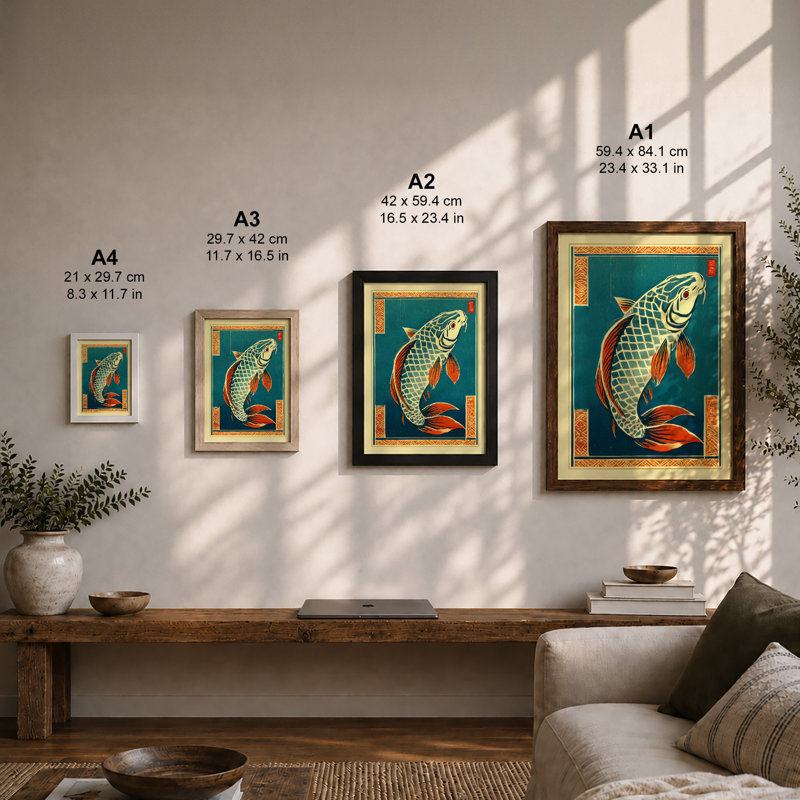 Golden Fish Art Deco 1 Piece Single Picture Frame Wall Art, A4 - 29.7 x 21.0 cm, Walnut
