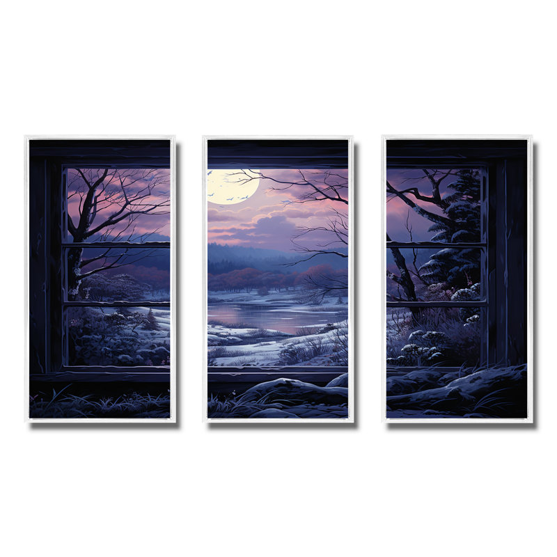 «Purple River Winter Windows III - Winter Landscape», art mural, H 28 po x l 36 po x P 1 po, Cadre flottant blanc