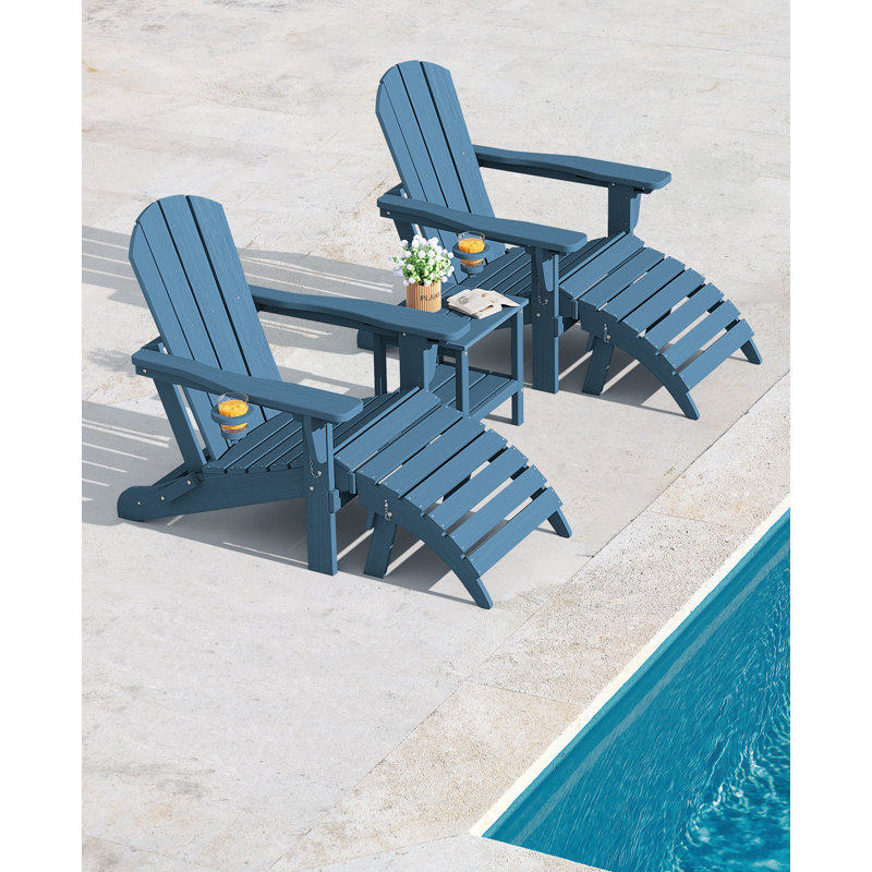 Dalson 5-Piece Plastic Adirondack Chair with Side Table and Ottomans, Navy