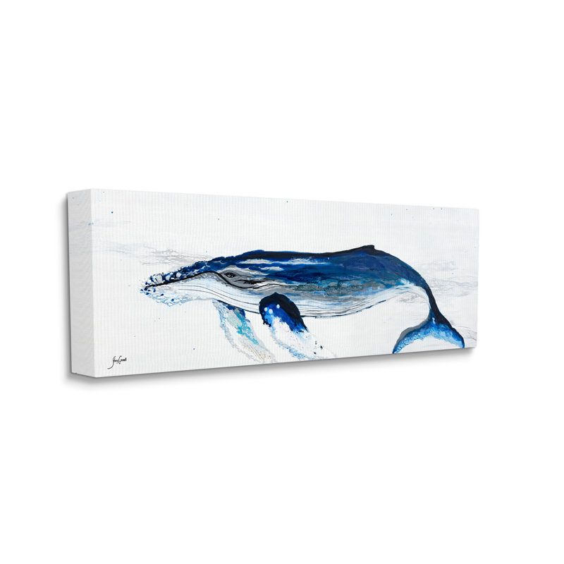 Vivid Blue Whale Swimming Marine Animal Sea Life by Stacy Gresell - Wrapped Canvas Graphic Art, 20" H x 48" W x 1.5" D