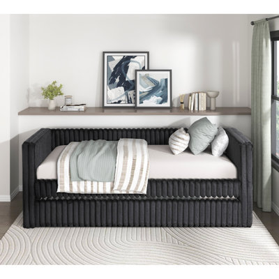 Lit de jour moderne en velours côtelé noir avec couchette, structure en contreplaqué, capacité de poids élevée, lit de jour simple de style contemporain, lit gigogne avec, confortable et élégant, idéal pour les invités
