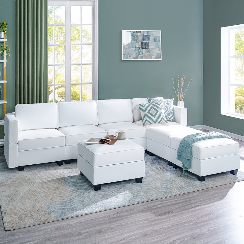 Canapé modulaire gris avec rangement 7 places, Velours blanc