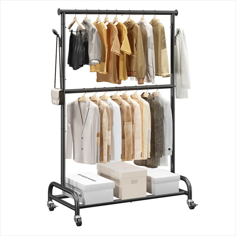 Grand portemanteau large et roulant, rangement robuste, acier au carbone noir élégant avec barre transversale réglable et roues verrouillables