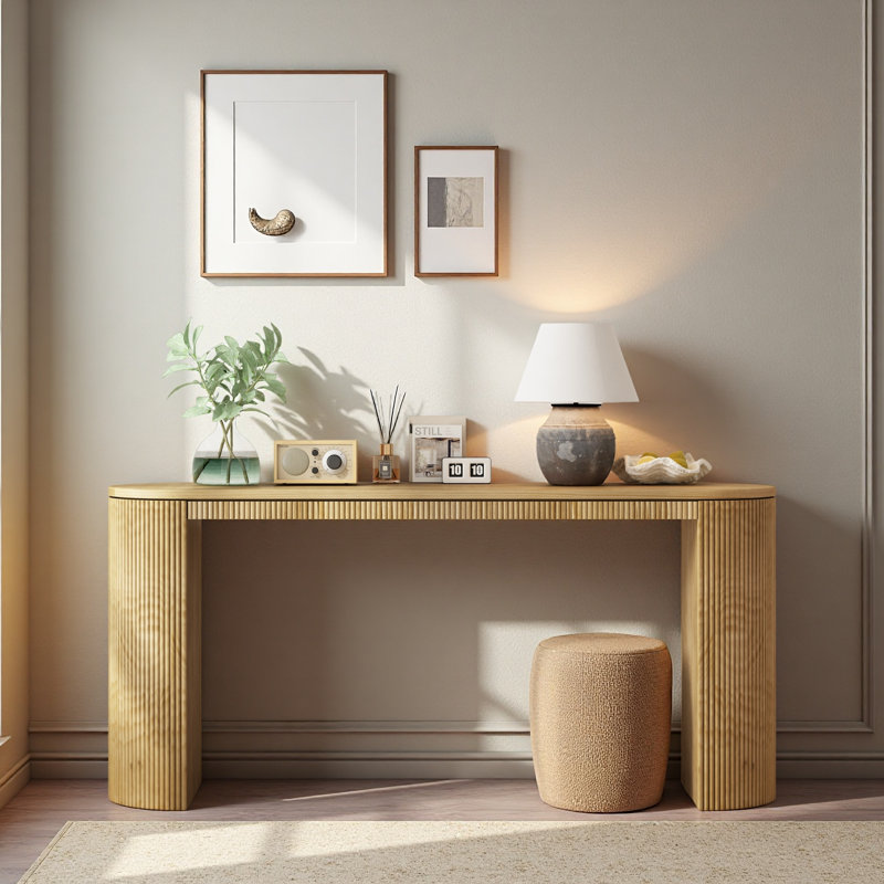 Console incurvée de 59,22 po avec bande verticale unique, idéale pour le salon, le bureau et l'entrée, Naturel
