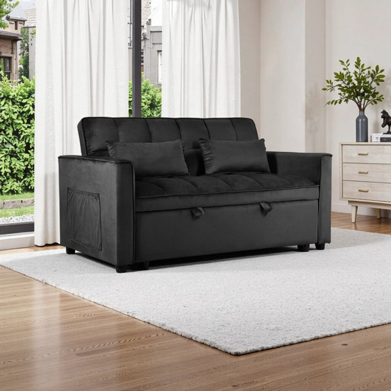 3-in-1 Convertible Sofa Bed With Reclining Backrest, Pull-out Couch With Pillows, Black Velvet