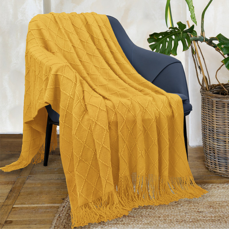 Mustard Yellow Knitted Fleece Reversible Throw Blanket
